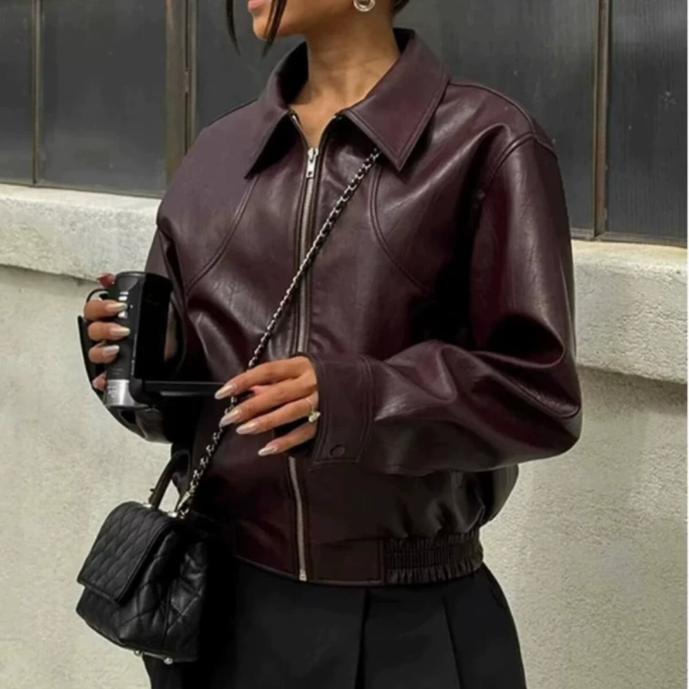 ZARA American Vintage Simple Turn Down Collar Zip Leather Jacket
